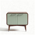 Mid-century modern side cabinet with green ribbed doors and wood finish 60 x 40 x 50cm