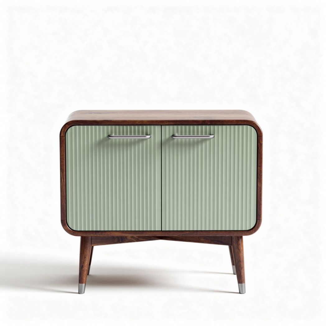 Mid-century modern side cabinet with green ribbed doors and wood finish 60 x 40 x 50cm