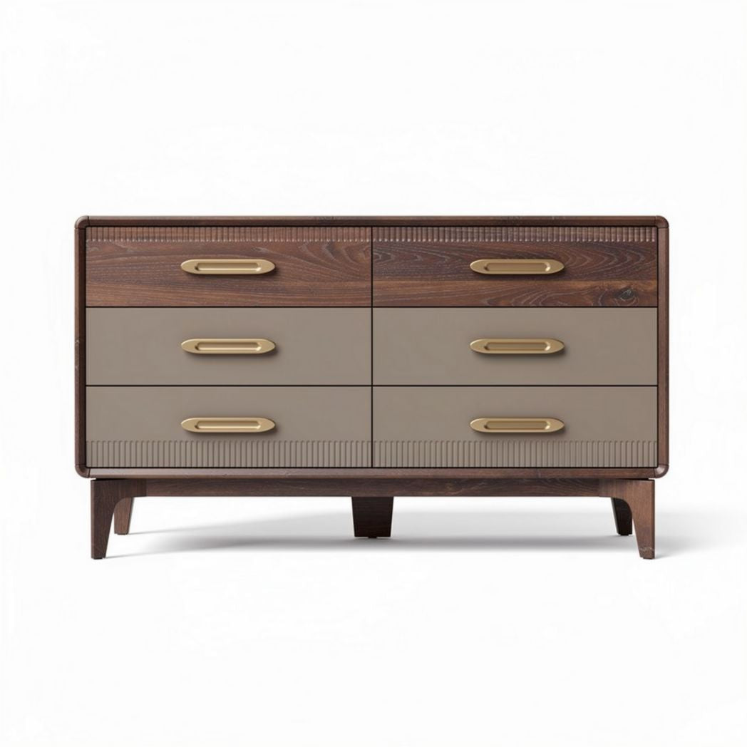 Wooden dresser with six drawers in walnut and beige finish 120 x 60 x 75cm