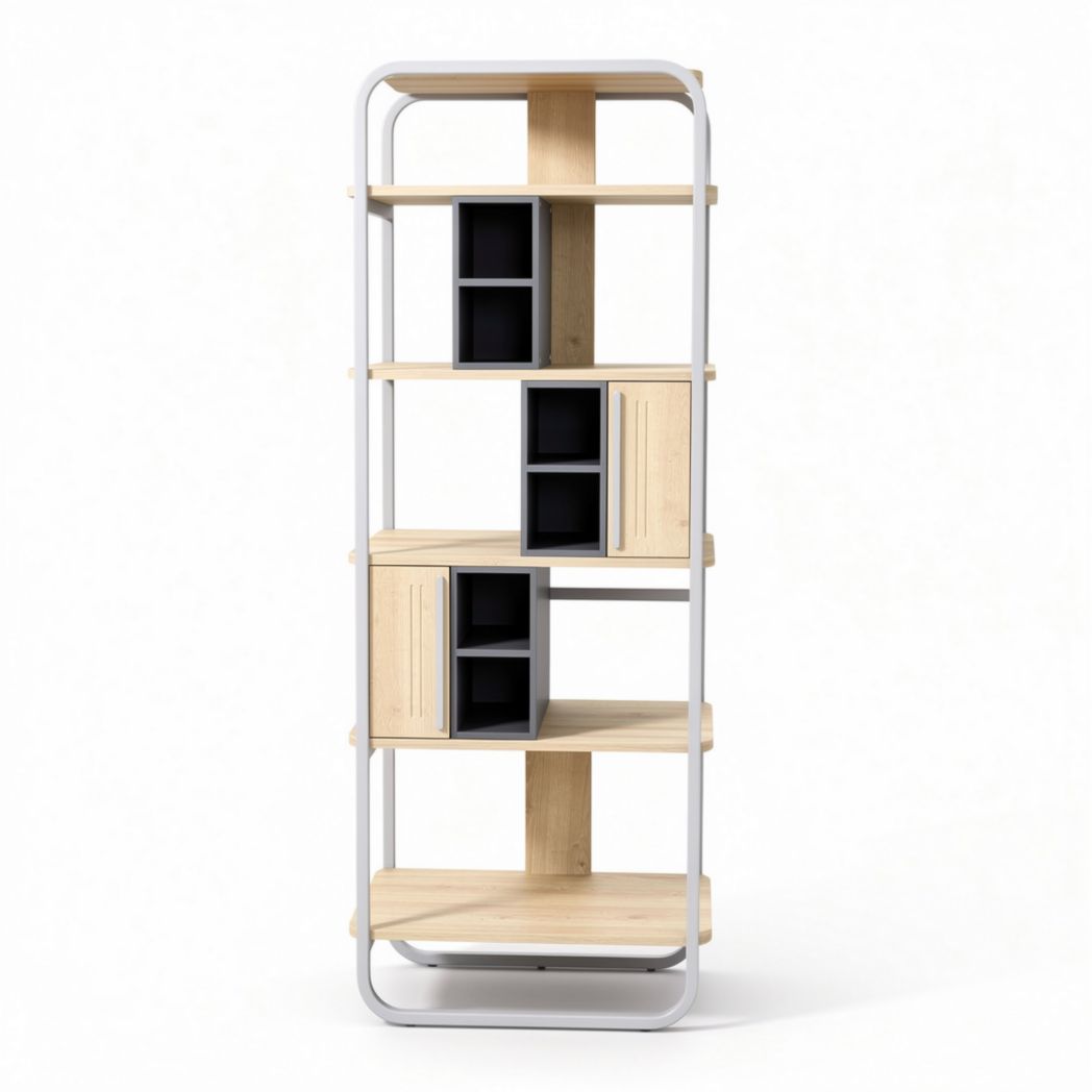 Modern wooden bookshelf with open shelves and storage compartments 80 x 30 x 180cm