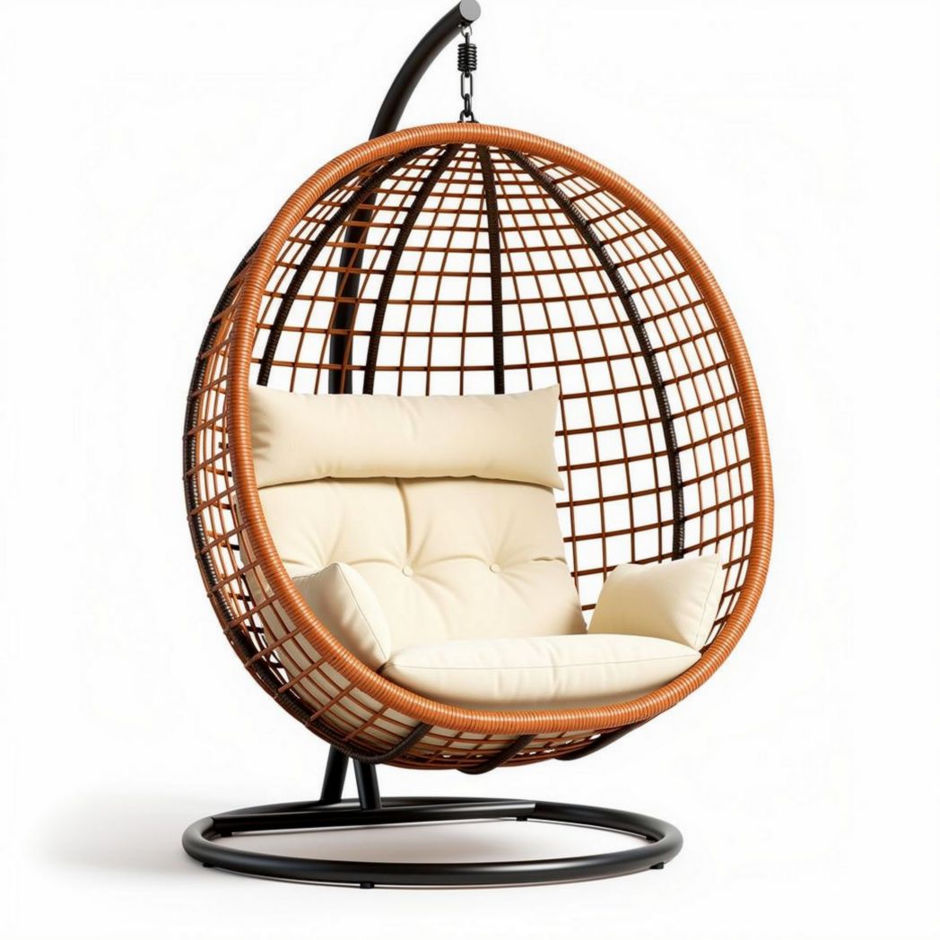 Hanging rattan patio chair with cream cushions and 70 x 70 x 120cm dimensions