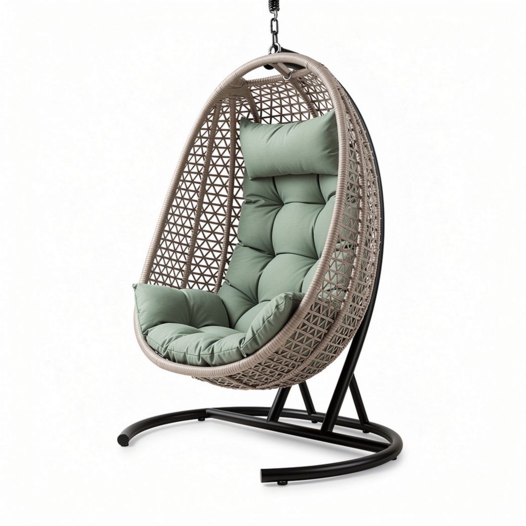 Hanging egg chair with cushion for indoor and outdoor use in grey and beige