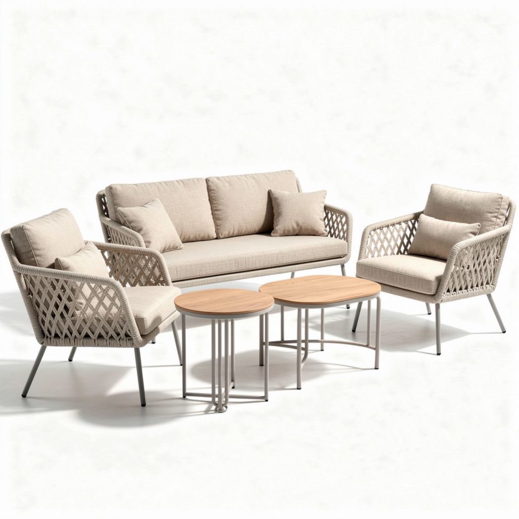 Outdoor rattan sofa set with beige cushions and wood accent table