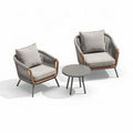 Outdoor rope lounge chair set with gray cushions and round side table