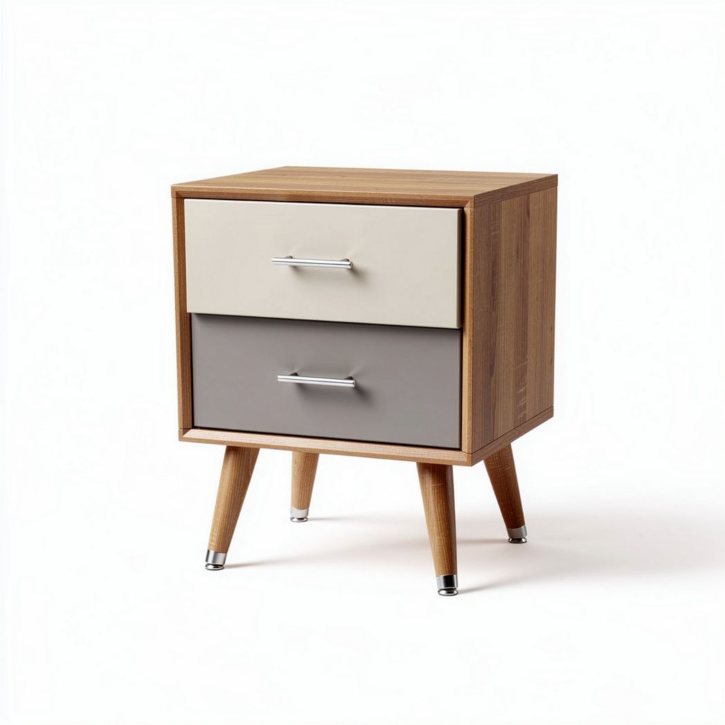 Two-drawer nightstand in wood with grey and beige accents 40 x 40 x 45cm