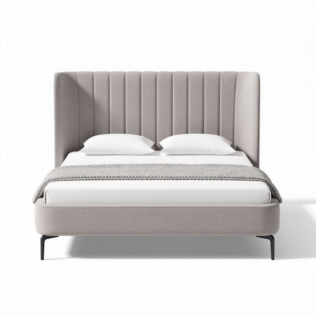 Upholstered bed frame with ribbed headboard in light grey 200 x 160 x 110cm
