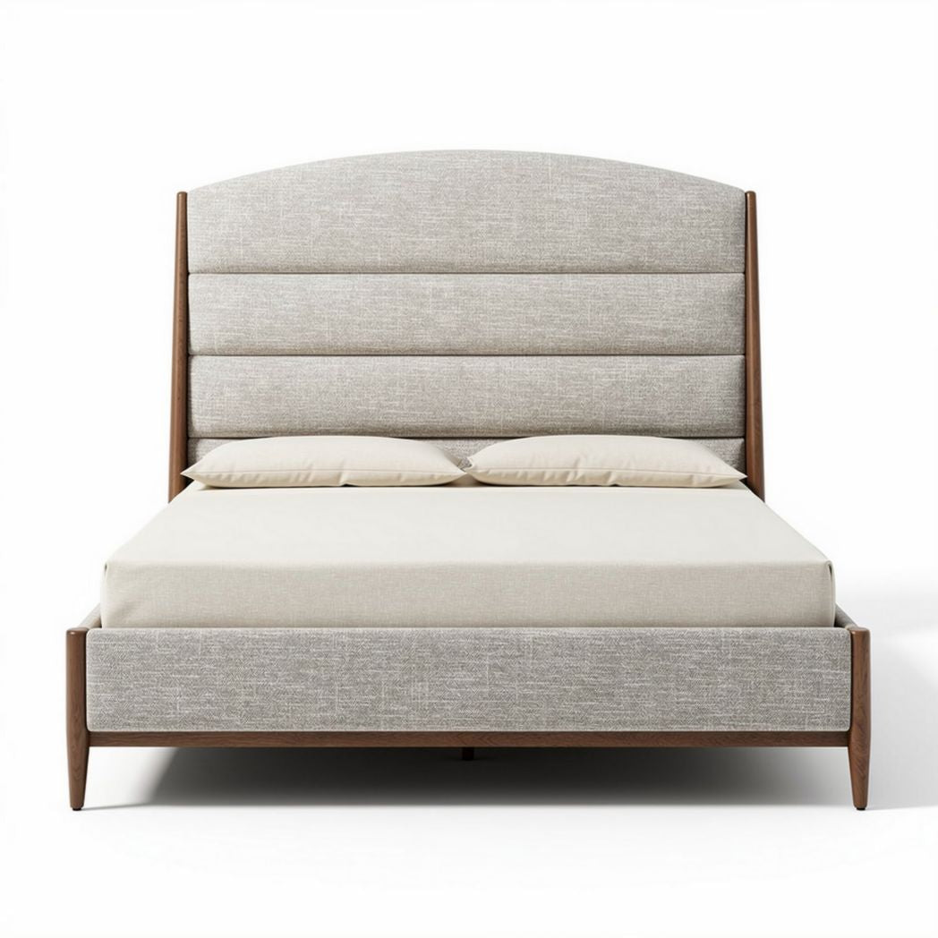 Upholstered bed frame with wooden legs in beige fabric 200 x 160 x 120cm