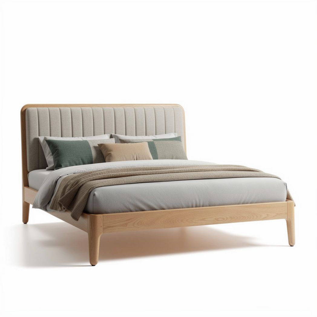 Wooden bed frame with upholstered headboard and linen bedding in queen size