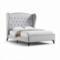 Fabric upholstered wingback queen bed with tufted headboard in light gray 200 x 160 x 120cm