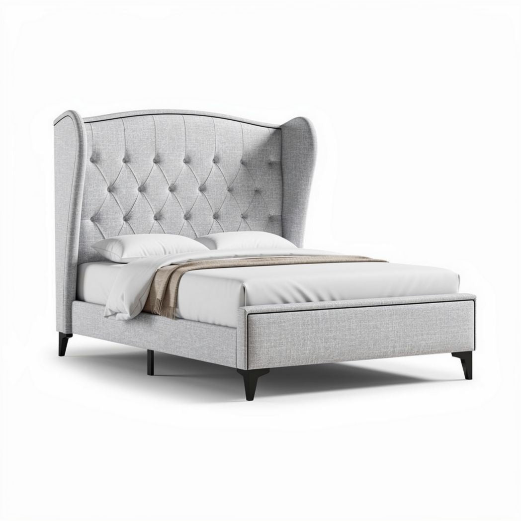 Fabric upholstered wingback queen bed with tufted headboard in light gray 200 x 160 x 120cm