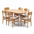 Wooden dining table set with six upholstered chairs in natural finish 150 x 90 x 75cm