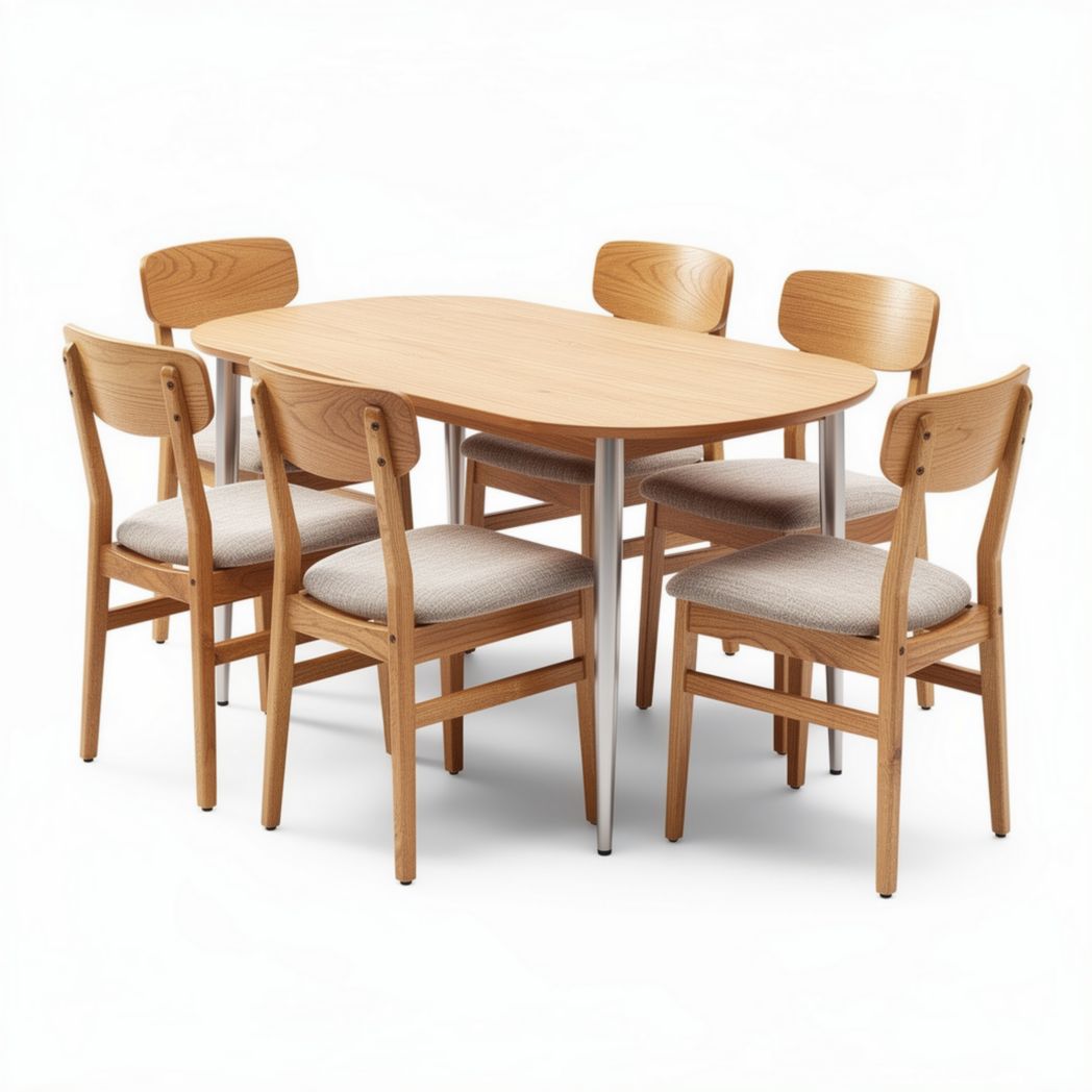 Wooden dining table set with six upholstered chairs in natural finish 150 x 90 x 75cm