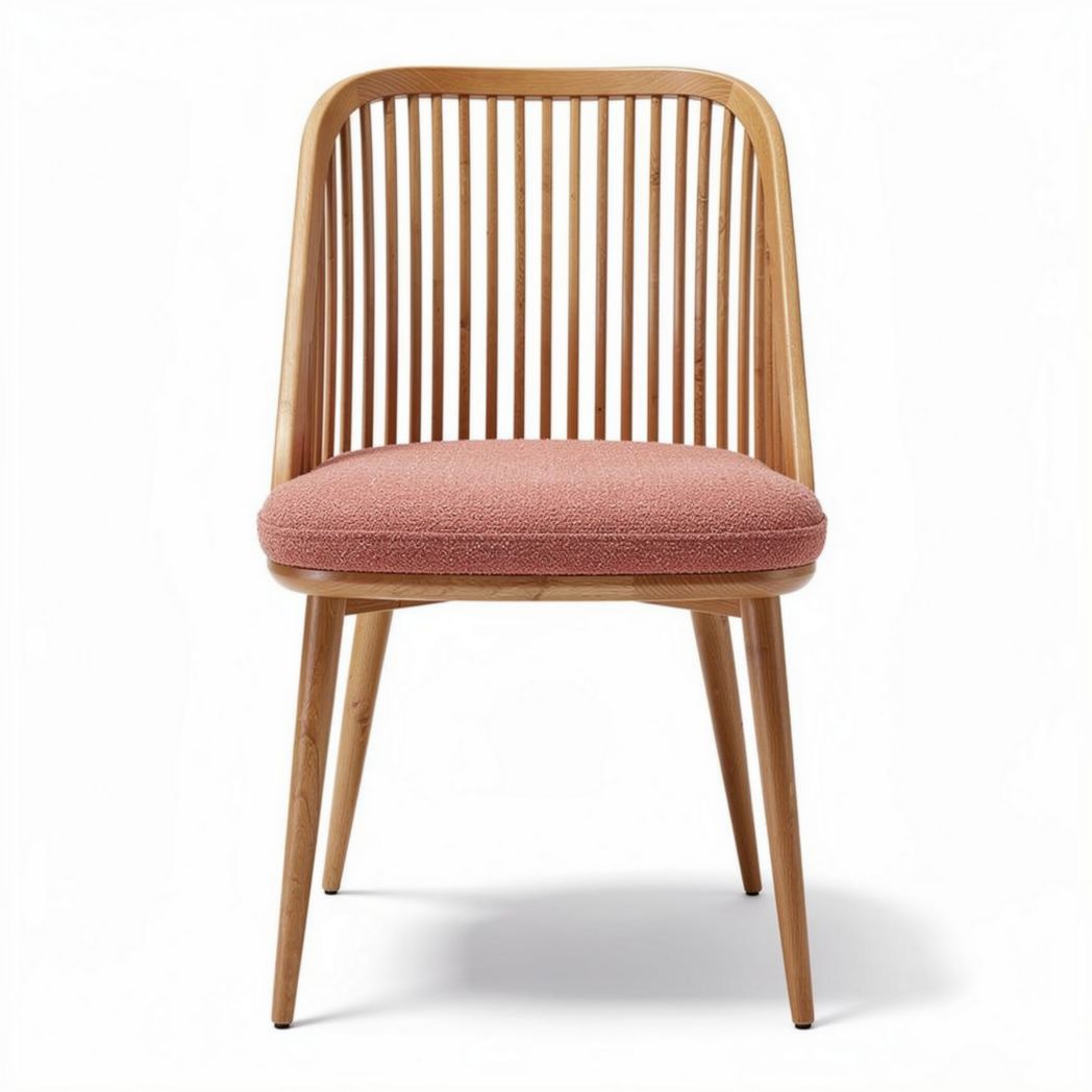 Wooden dining chair with pink fabric upholstery and slatted back 45 x 45 x 80cm
