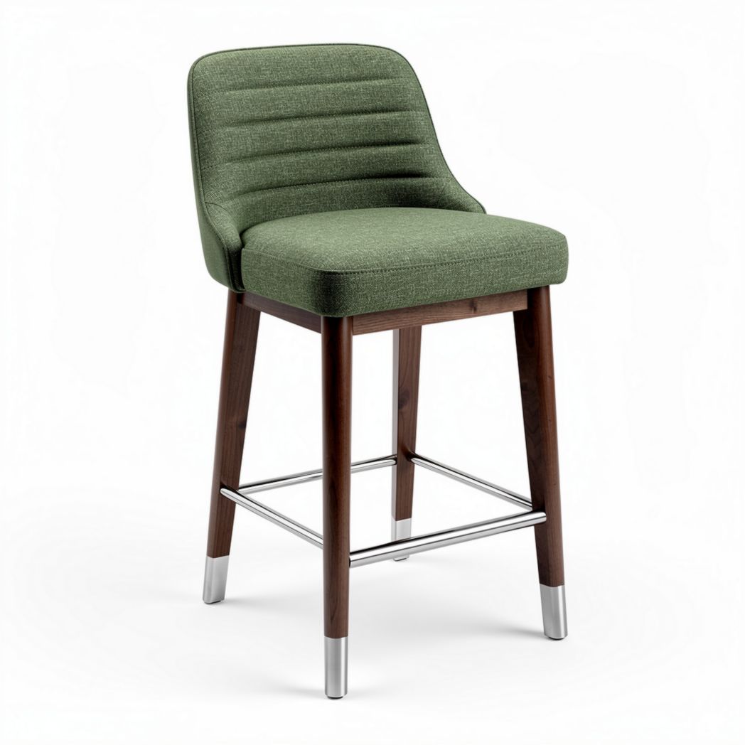 Green upholstered bar stool with wooden legs and metal footrest 40 x 40 x 100cm